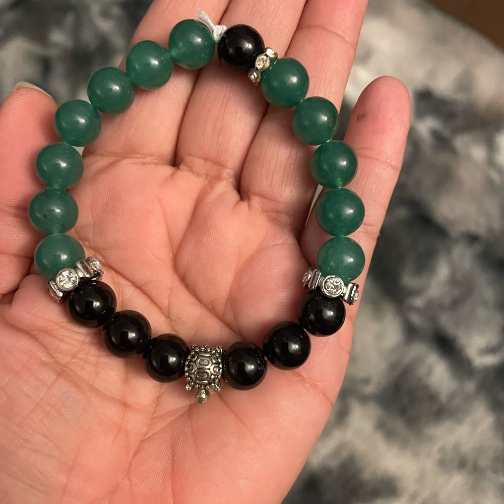 Green and Black Beaded Bracelet with Turtle Charm
